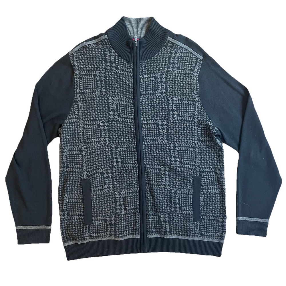 English Laundry Men's XL Full Zip Sweater Jacket Black Gray Plaid Knit Retro
